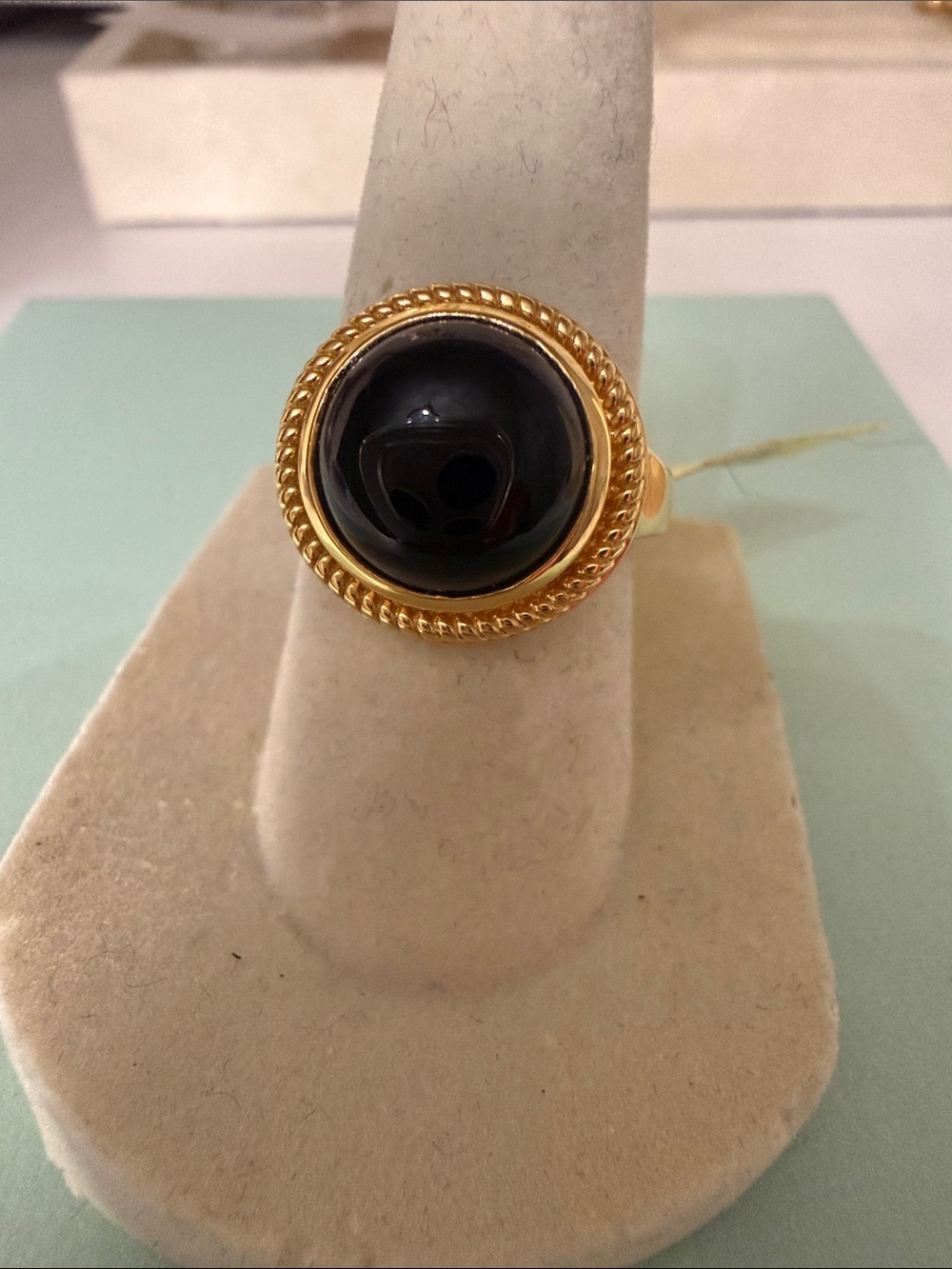 Sterling Silver Gold Ring with Black Onyx Cabochon Center